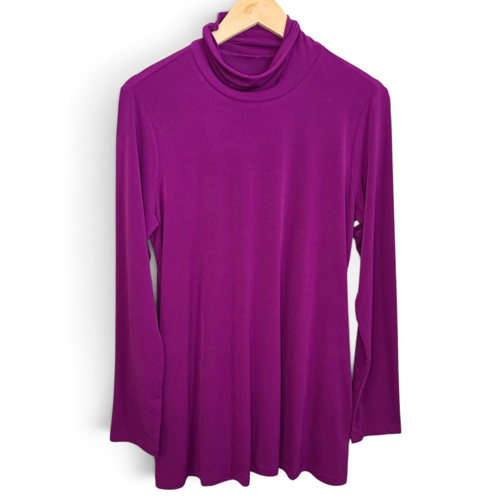 Susan Graver Top Womens Medium Purple Liquid Knit Cowl Neck Tunic Blouse Stretch